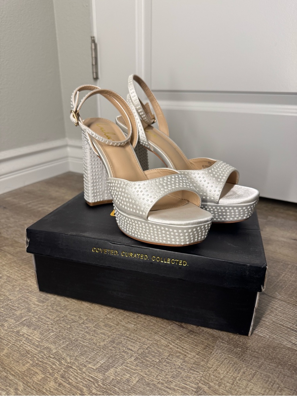 Lulu's Pearlla White Satin Pearl Platform Ankle Strap High Heel Sandals